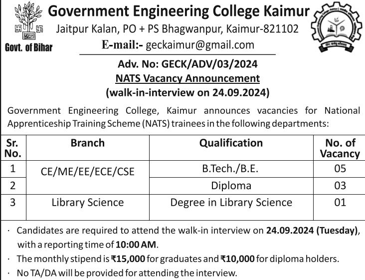 Direct Interview - GEC Kaimur Faculty Recruitment 2024