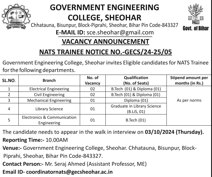 Direct Interview - GEC Sheohar Faculty Recruitment 2024