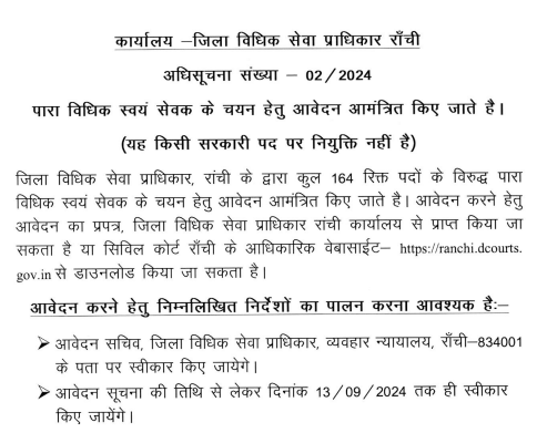 Ranchi Civil Court PLV Vacancy 2024 – Offline Form